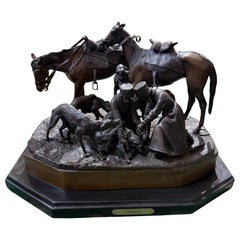Large Bronze Group “Resting Cavalrymen with Horses and Hounds” – Signed Liebrech