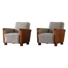 Swedish Grace, A Pair of Art Deco Lounge Chairs in Elm & Lambswool, 1930s