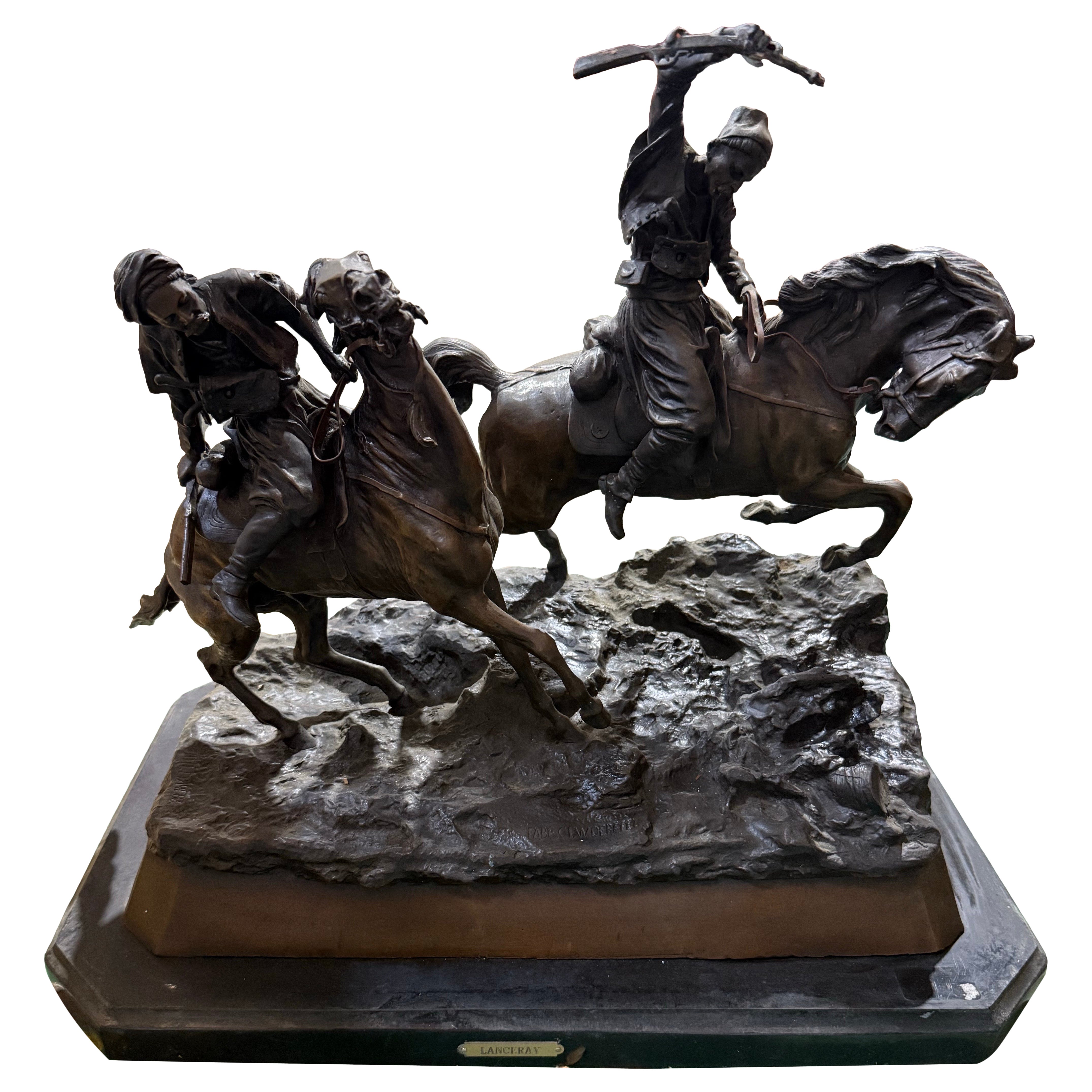 Drammatica scena di battaglia equestre in bronzo - Firmata Lanchay in vendita