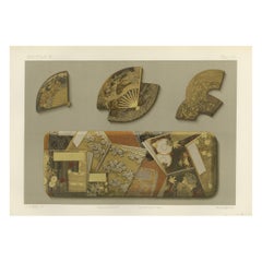 Japanese Lacquer and Inlay Fan Fragments: Antique Lithograph, 1880s