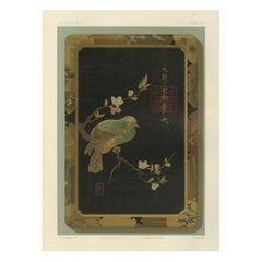 Japanese Bird and Blossom Lacquer Tray: Antique Lithograph, 1880s