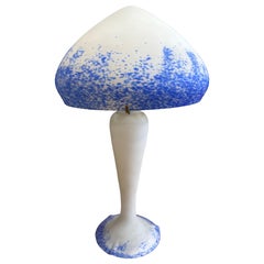 French Art Nouveau Style Acid-Etched Glass Table Lamp in White and Blue