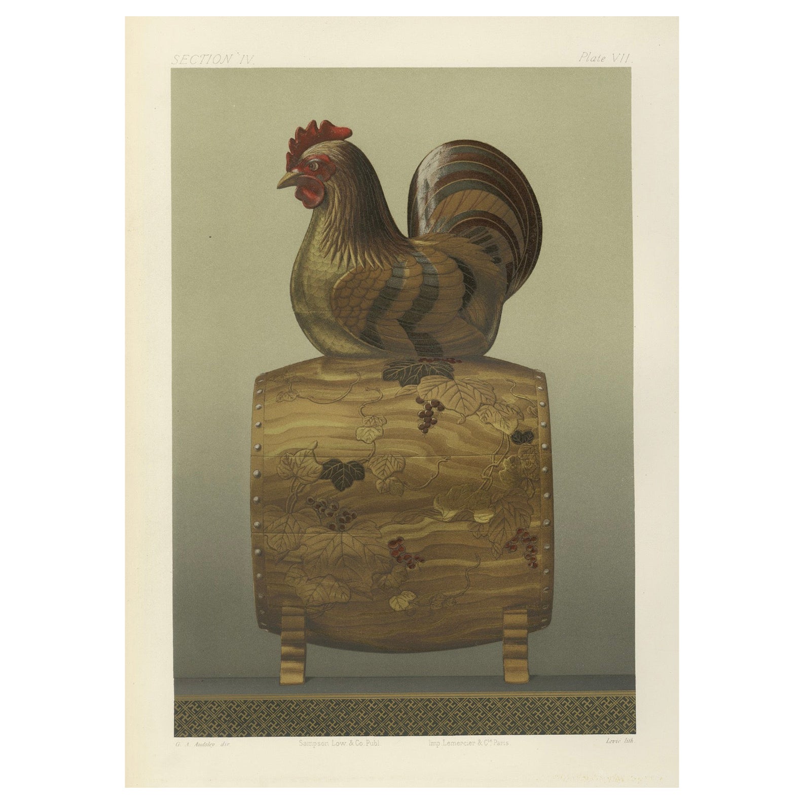Japanese Rooster Drum Stand: Antique Lithograph, 1880s en venta