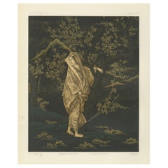 Japanese Woman in Plum Blossom Grove: Antique Lithograph, 1880s