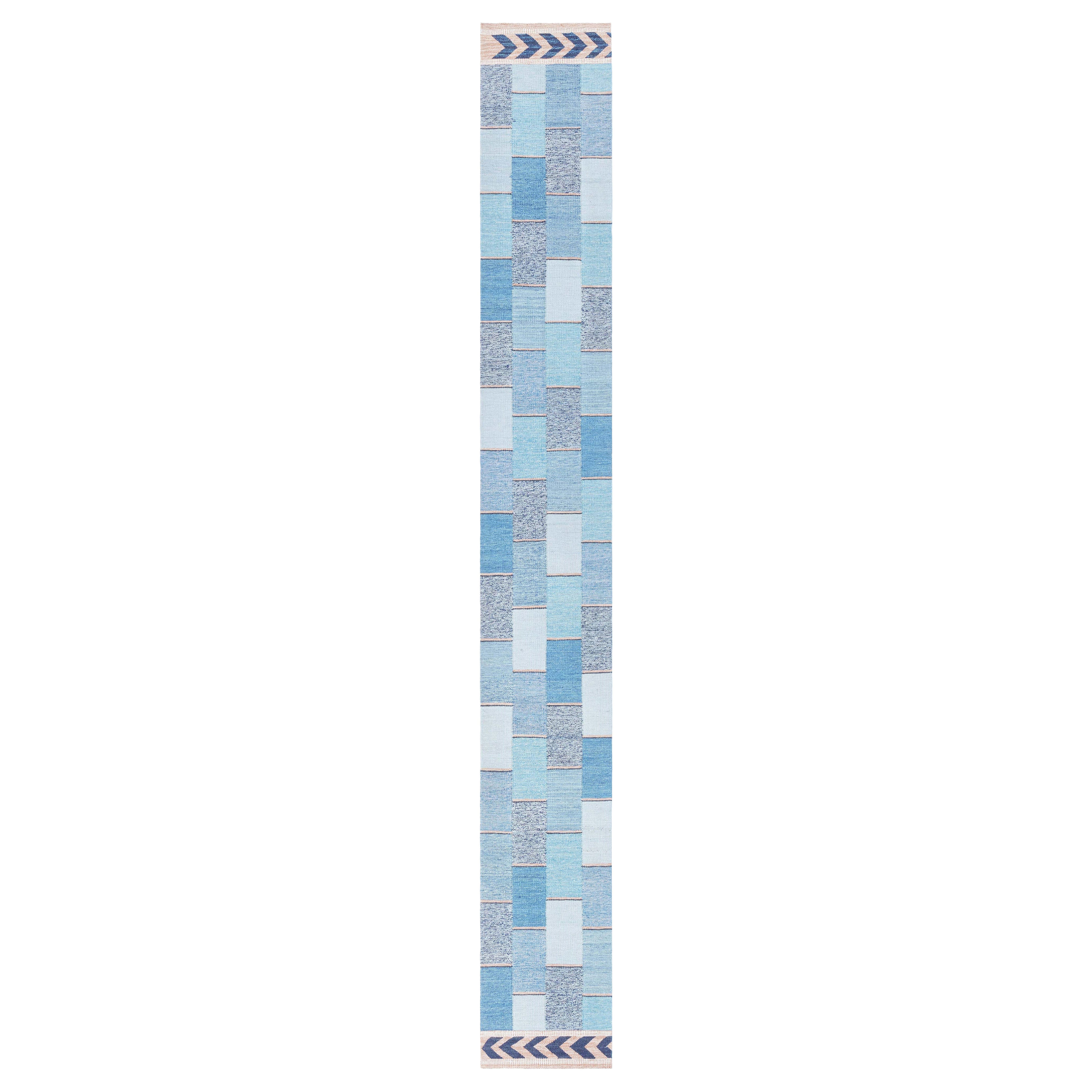 Modern Blue Swedish Fragment Runner by Doris Leslie Blau