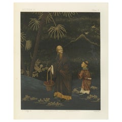 Japanese Monk and Young Attendant: Antique Lithograph, 1880s