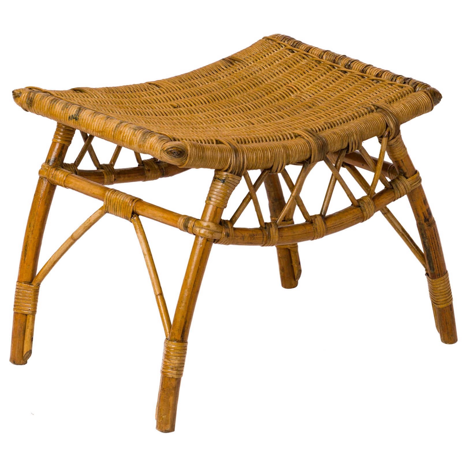 Small Rattan Arched Stool with Braided Side Pattern - France 1960's For Sale