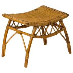 Small Rattan Arched Stool with Braided Side Pattern - France 1960's