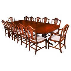 Vintage Twin Pillar Mahogany Dining Table & 12 Hepplewhite Chairs 20th Century