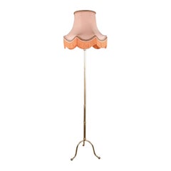 Mid-century French brass floor lamp with fringed coral lampshade, Art Deco