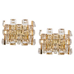 Pair of Golden Gilded Brass and Crystal Sconces by Palwa, Germany, 1960s