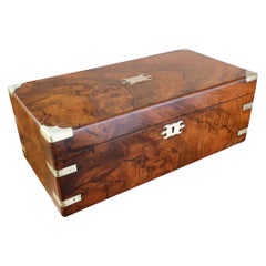 Large Antique Campaign Burr Walnut Writing Box. English C.1860