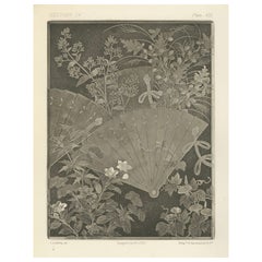 Japanese Fans and Floral Heliogravure Print by G. A. Audsley, Paris, c. 1880