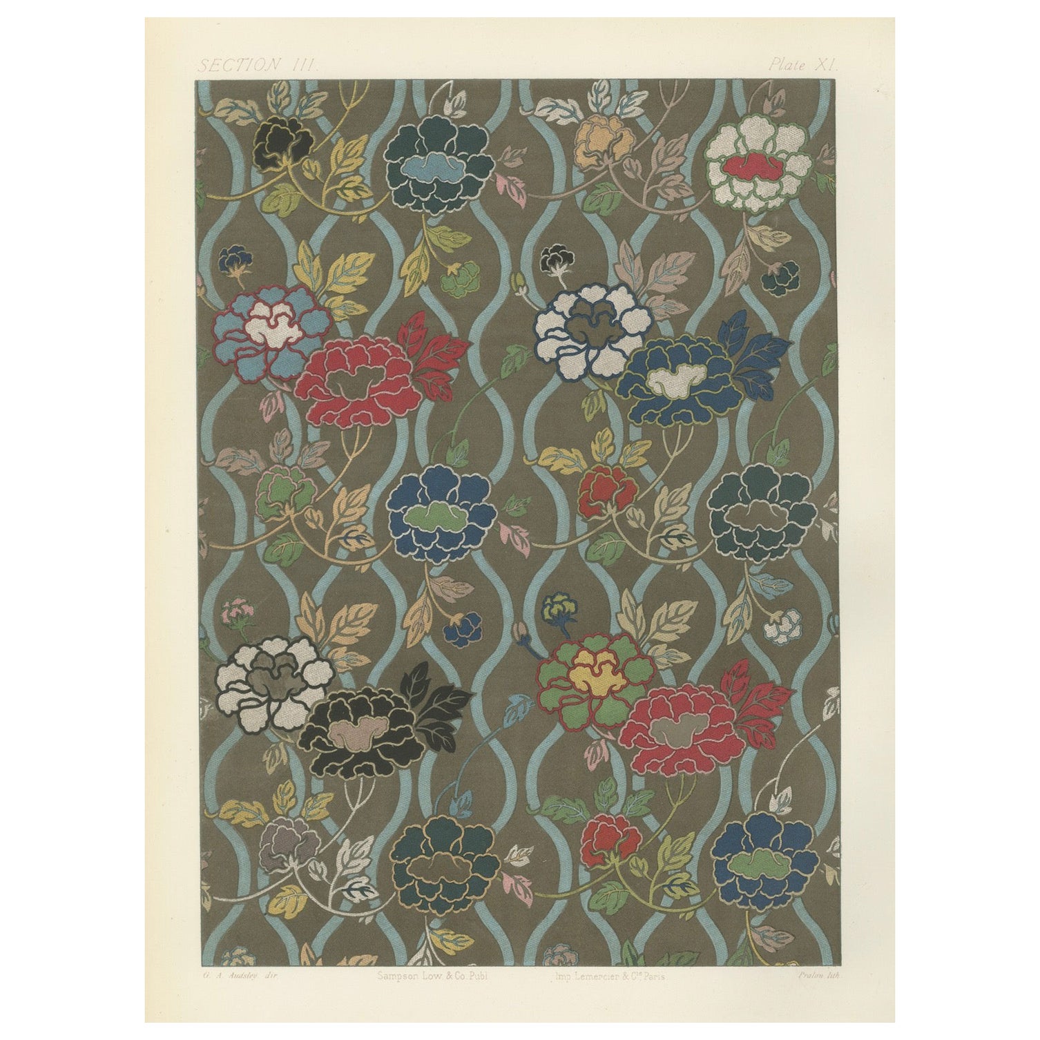 Estampado textil floral japonés de G. A. Audsley, París, c. 1882