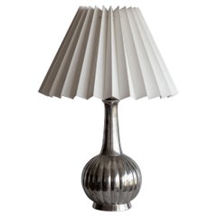 Just Andersen Pewter Table Lamp with Pleated Shade, 1930s, Art Deco, Denmark