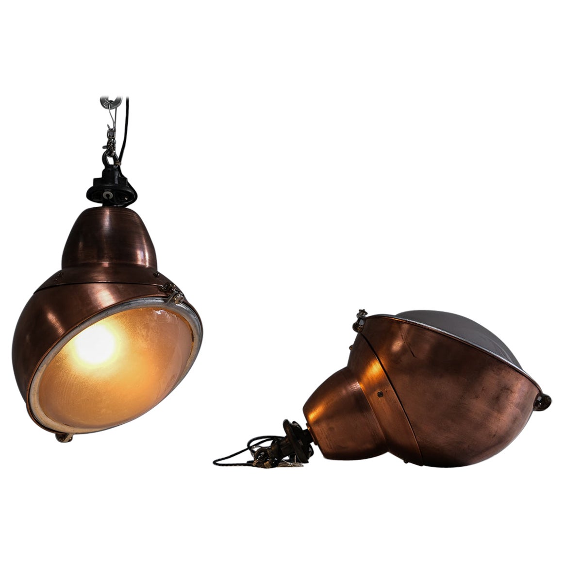 A pair of impressive, French factory lights made of copper and glas im Angebot