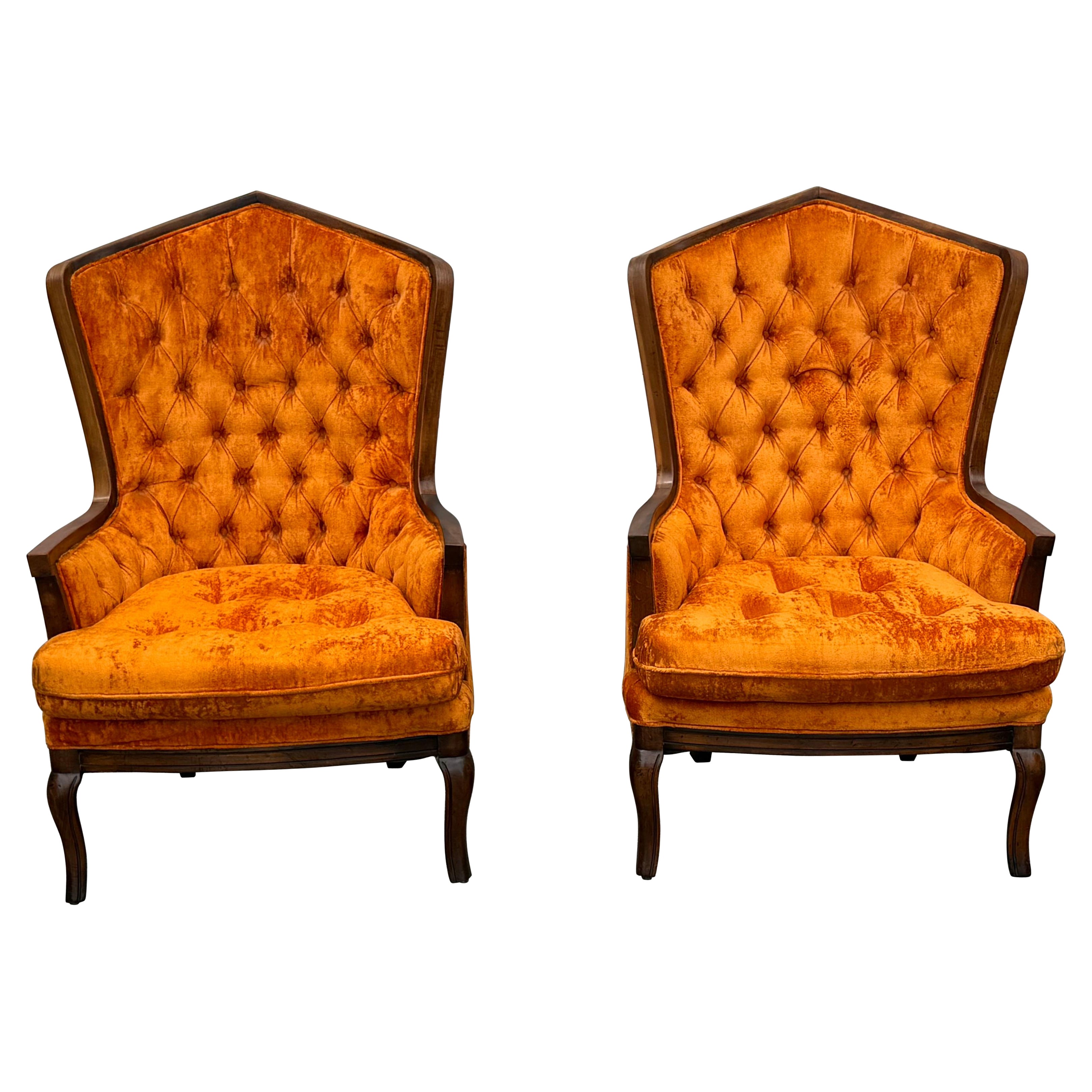 Pair of Mid-Century Modern Regency Velvet Tufted Back Orange Club Chairs