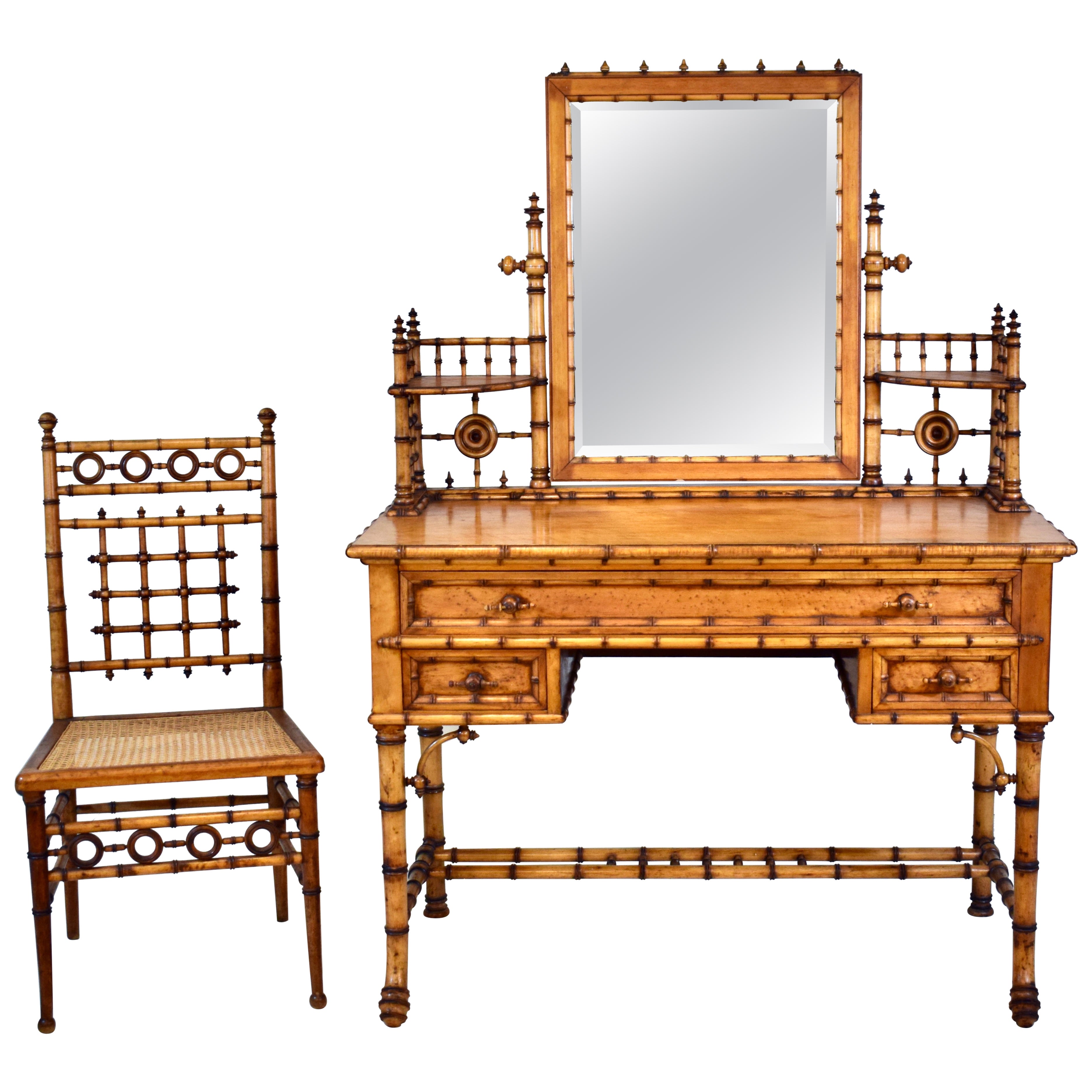 Bird's-Eye Maple Faux Bamboo Dressing Table and Chair by R J Horner & Co en venta
