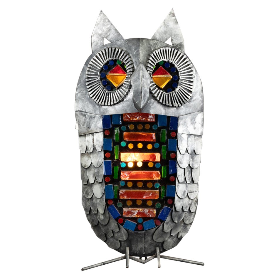"Gufo" : Lampada da terra/scrivania - metallo e vetro colorato sagomato C.1970 in vendita