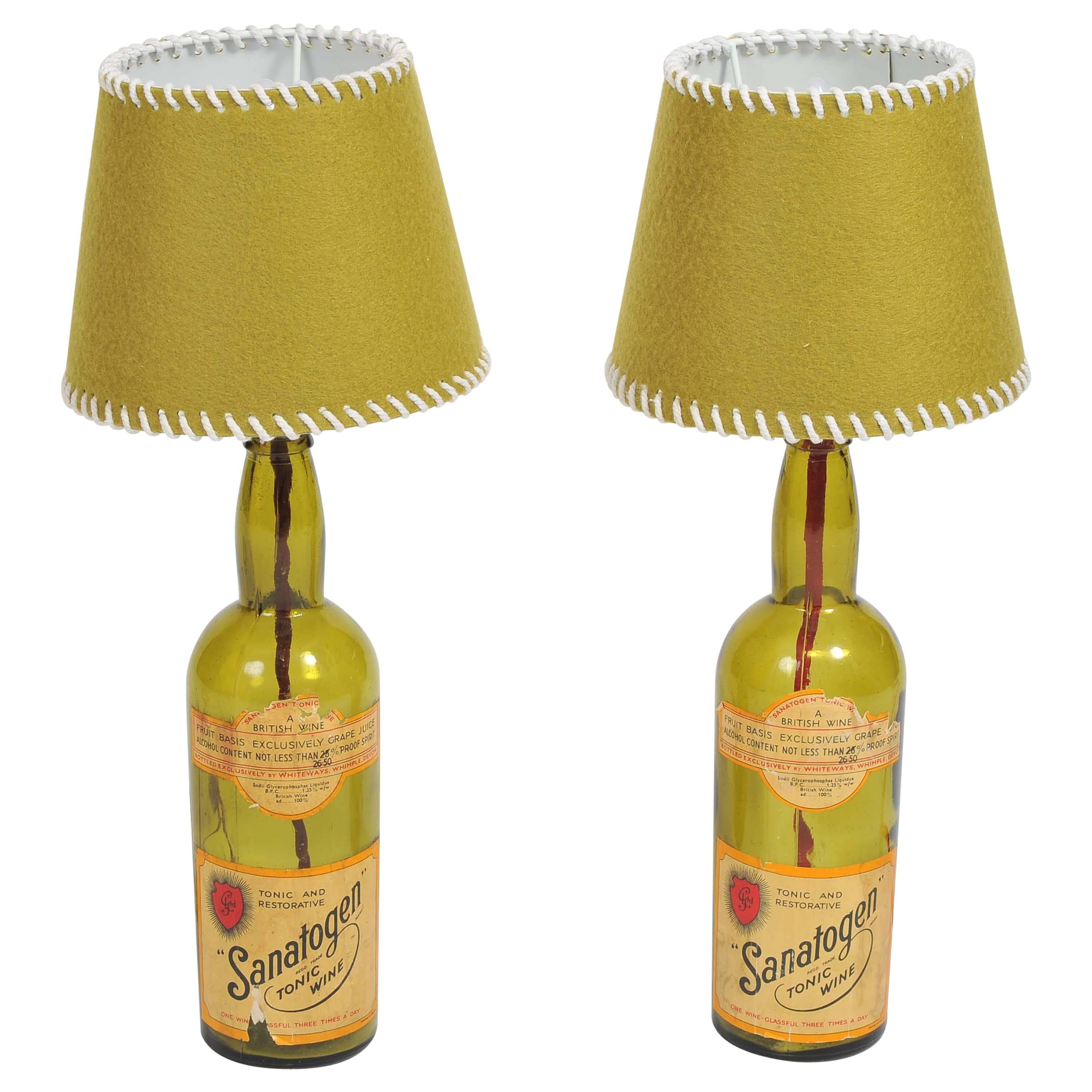 Pair of 1940s Sanatogen Vintage Handmade Rustic Style Glass Bottles Table Lamps 
