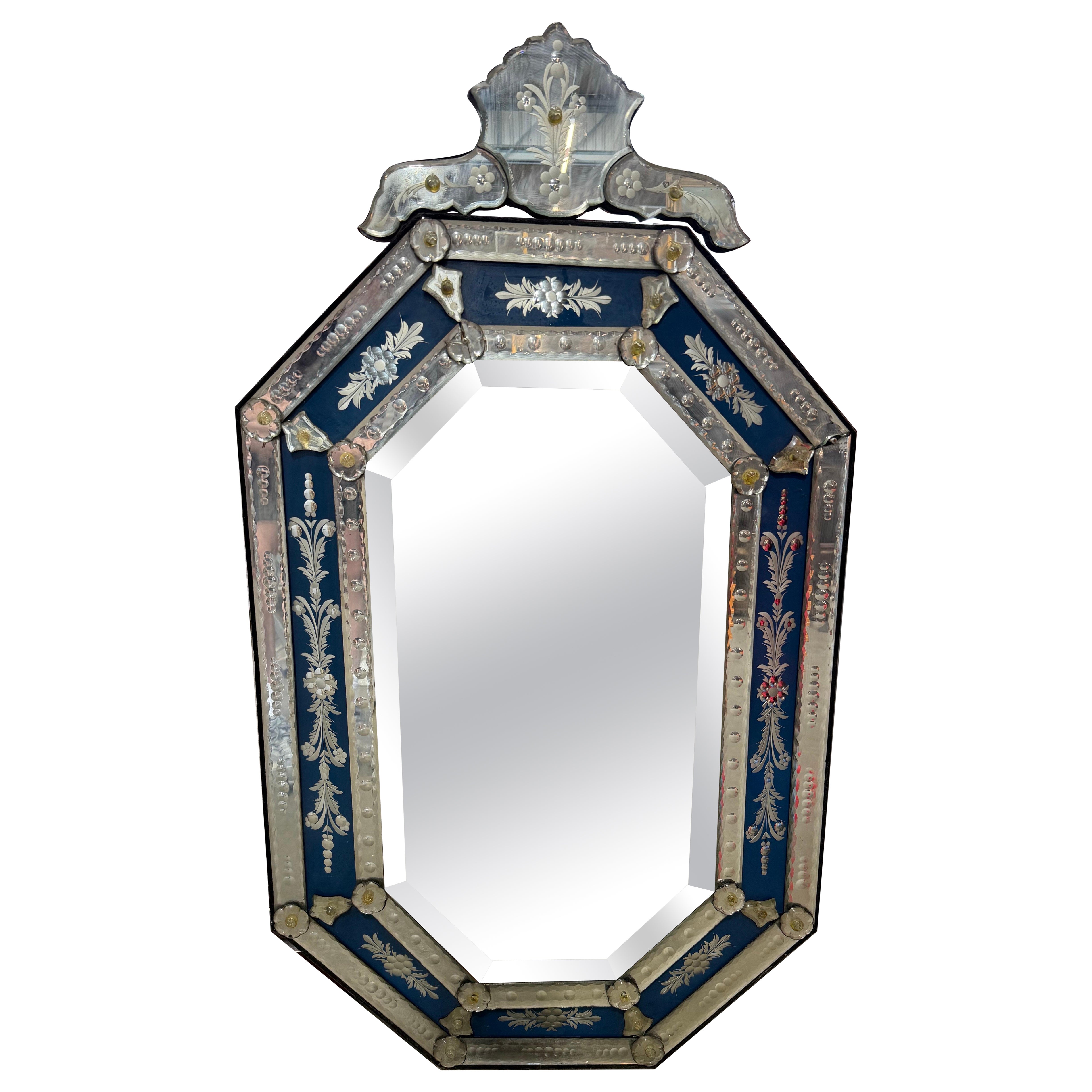 20th Century Venetian Octagonal Mirror with Floral Églomisé Panels