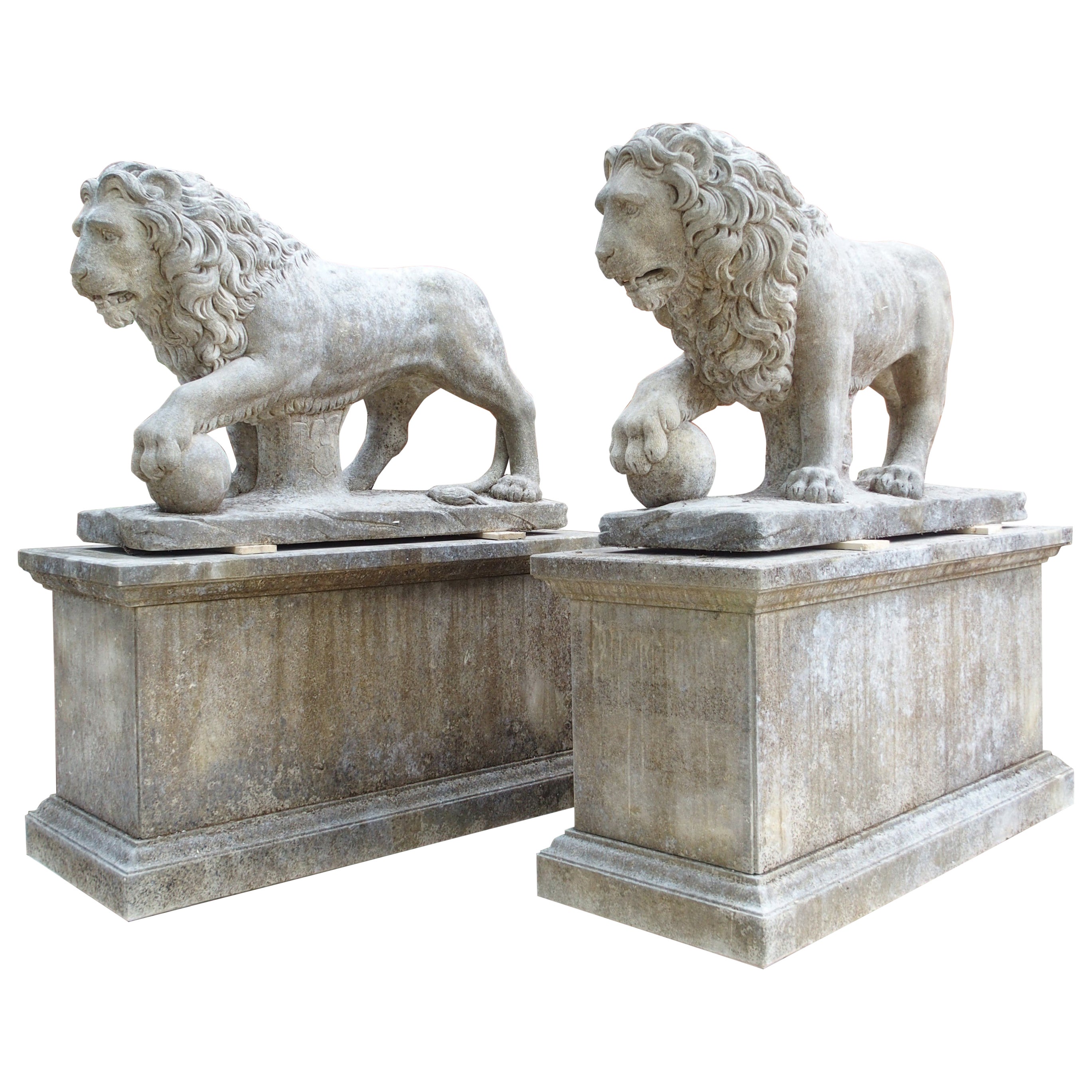 The Lions of Florence, Monumental Pair of Italian Carved Limestone Medici Lions