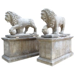 The Lions of Florence, Monumental Pair of Italian Carved Limestone Medici Lions