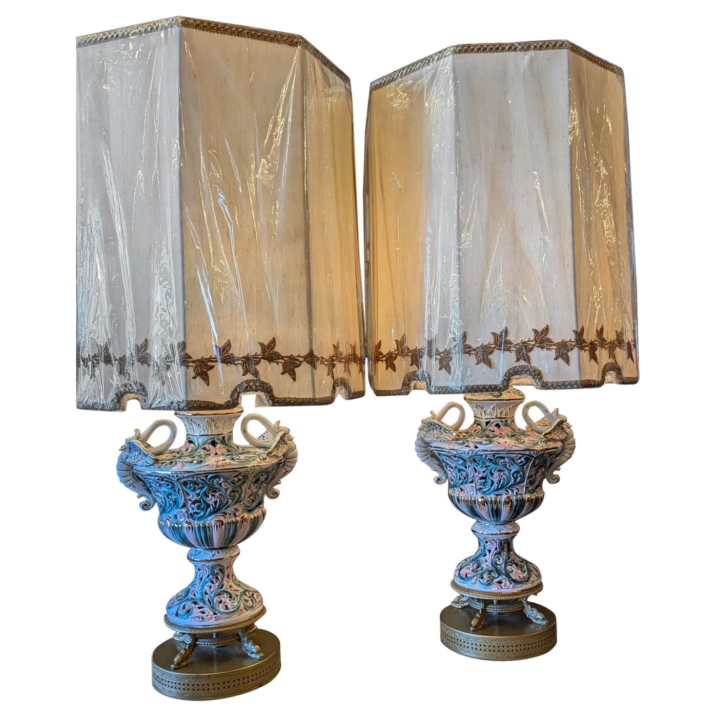 1950s Italian Porcelain Urn Lamp Pair