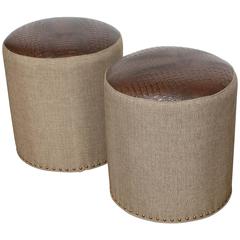 Pair of Faux Alligator and Woven Tweed Stools