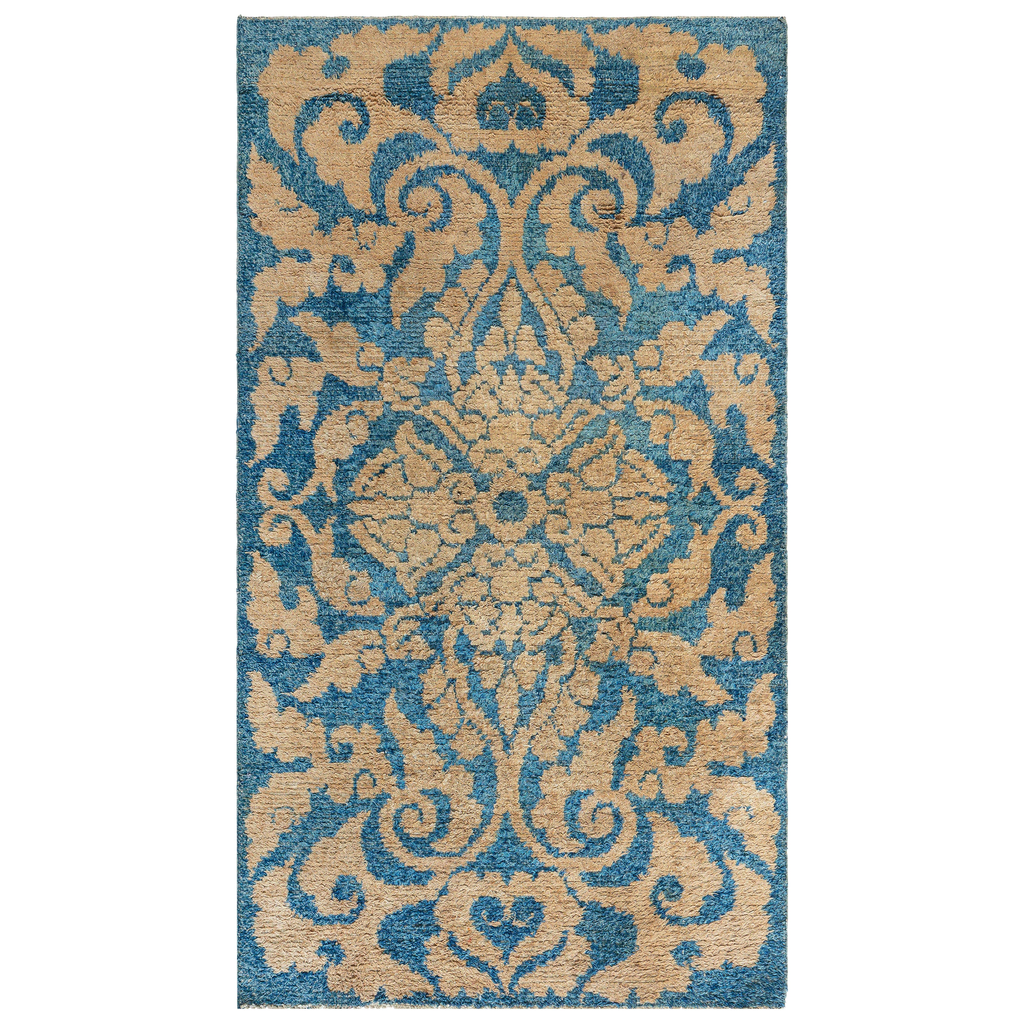 Doris Leslie Blau Midcentury Floral Blue Yellow Chinese Wool Rug