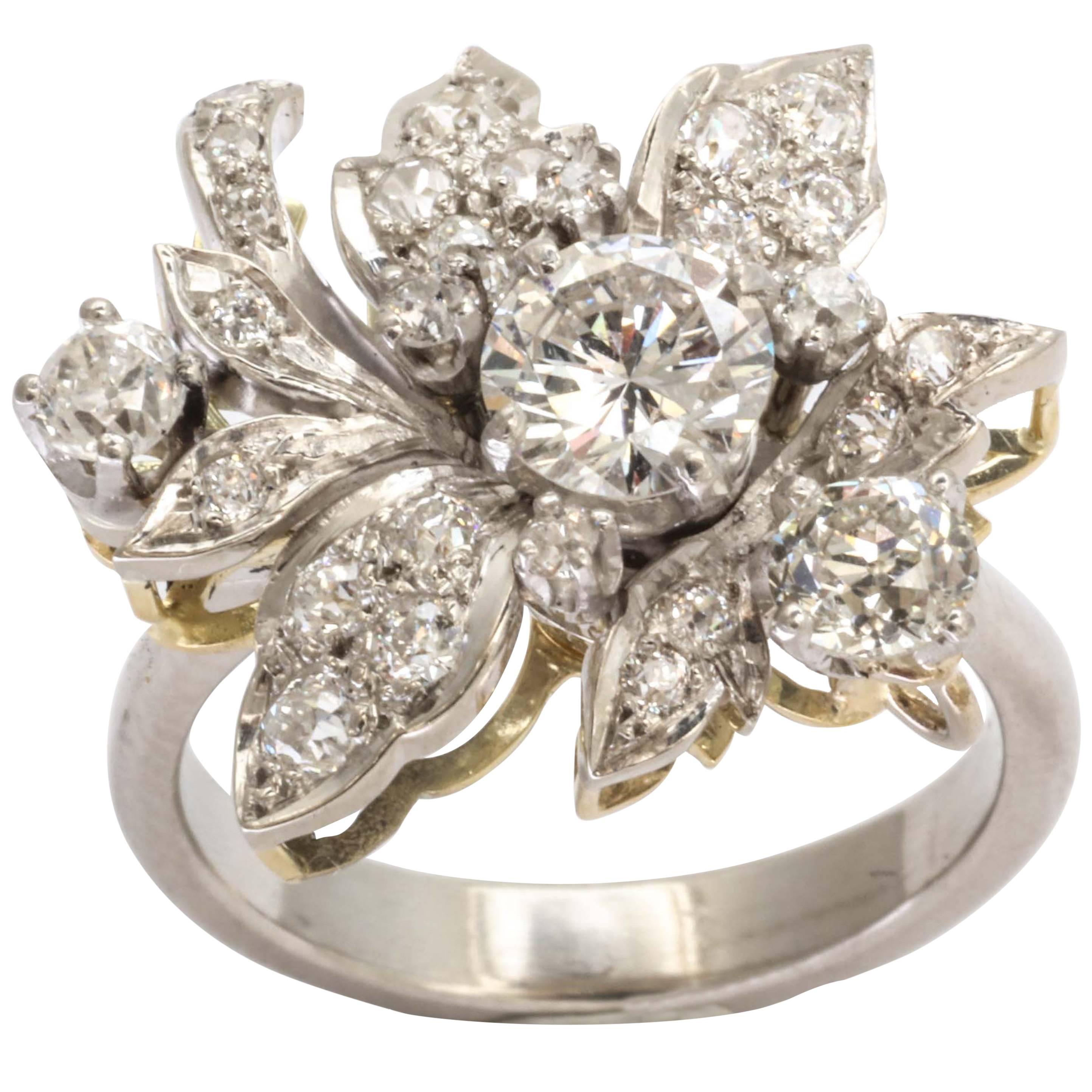 Diamond and Platinum Flower Ring For Sale