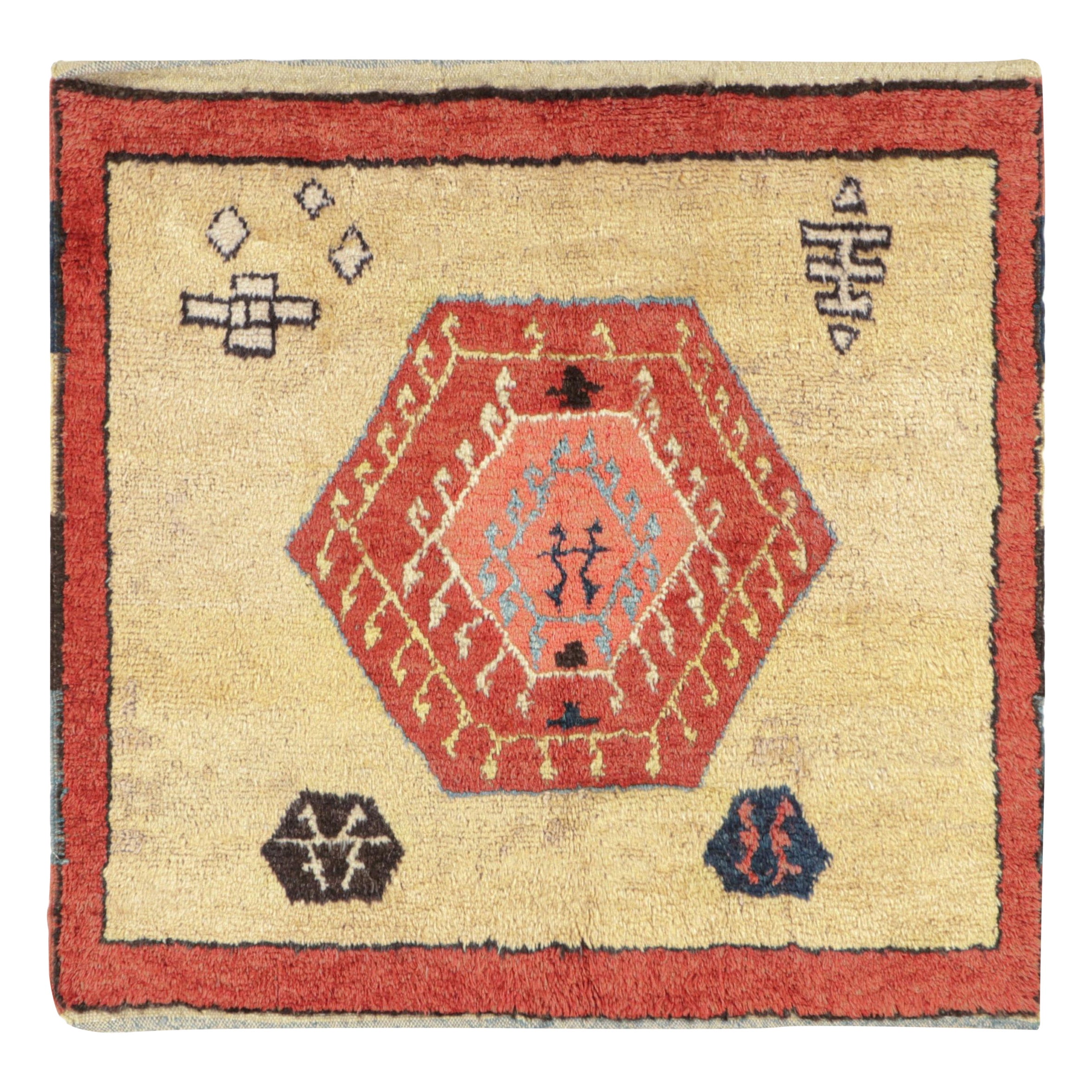 Vintage Tulu Square Rug in Red and Yellow with Geometric Patterns - Rug & Kilim