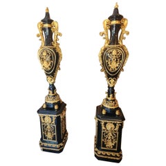 Black and Gold Carved Vase Statues - Set of 2
