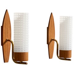 Swedish Designer, Wall Lights, Brass, Teak, Glass, Sweden, 1950s