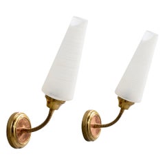 French Designer, Wall Lights, Brass, Copper, Glass, France, 1950s