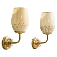 Finnish Designer, Wall Lights, Brass, Glass, Finland, 1950s