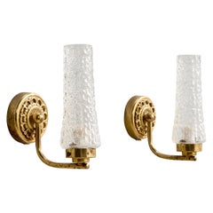 French Designer, Wall Lights, Brass, Glass, France, 1950s