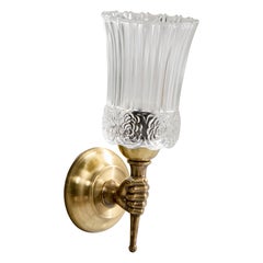 French Designer, Wall Light, Brass, Glass, France, 1950s