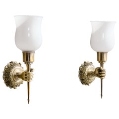 French Designer, Wall Lights, Brass, Glass, France, 1950s