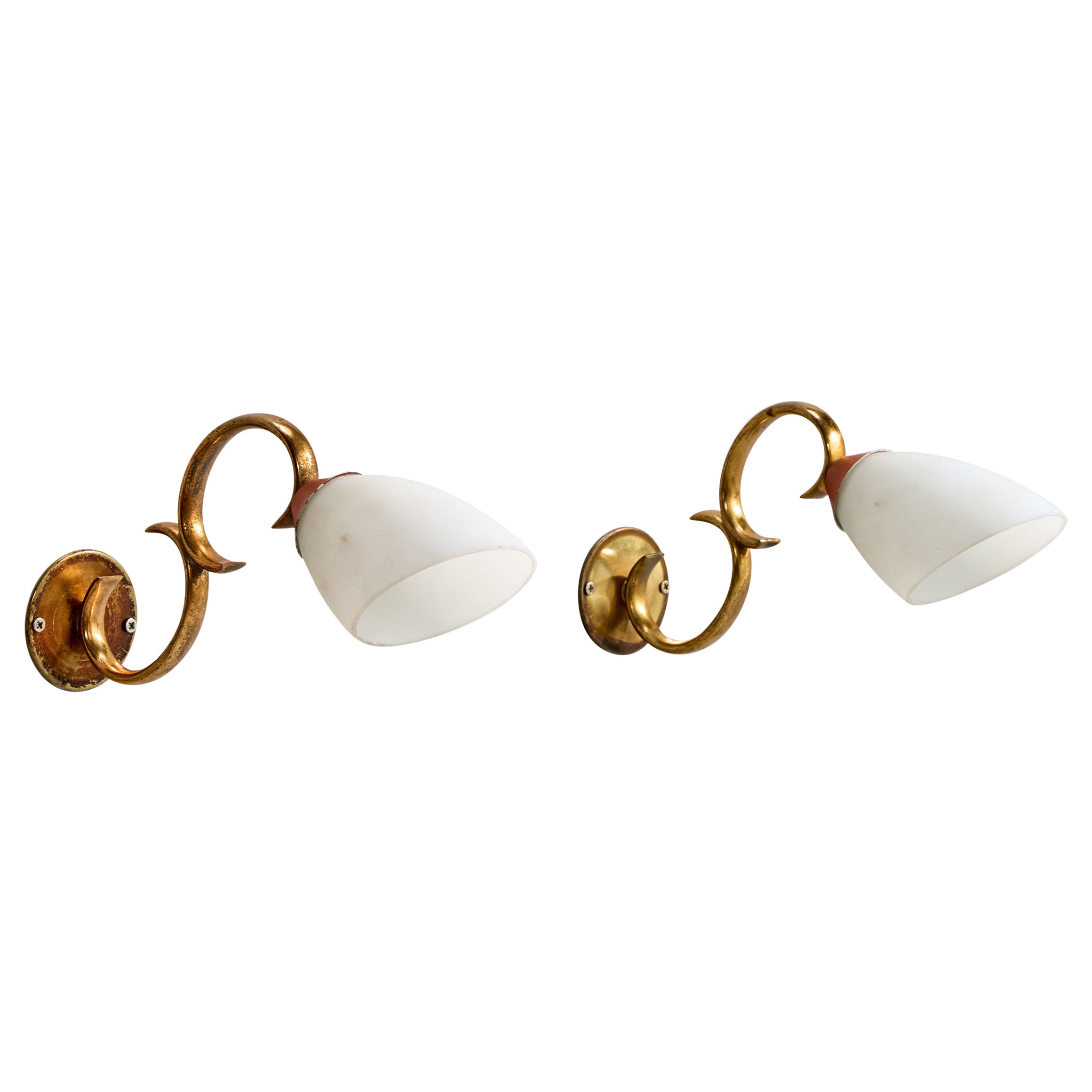 Italian Designer, Wall Lights, Brass, Metal, Glass, Italy, 1940s