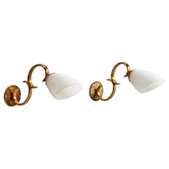 Italian Designer, Wall Lights, Brass, Metal, Glass, Italy, 1940s