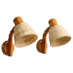Solbackens Svarveri, Wall Lights, Pine, Rattan, Sweden, 1970s