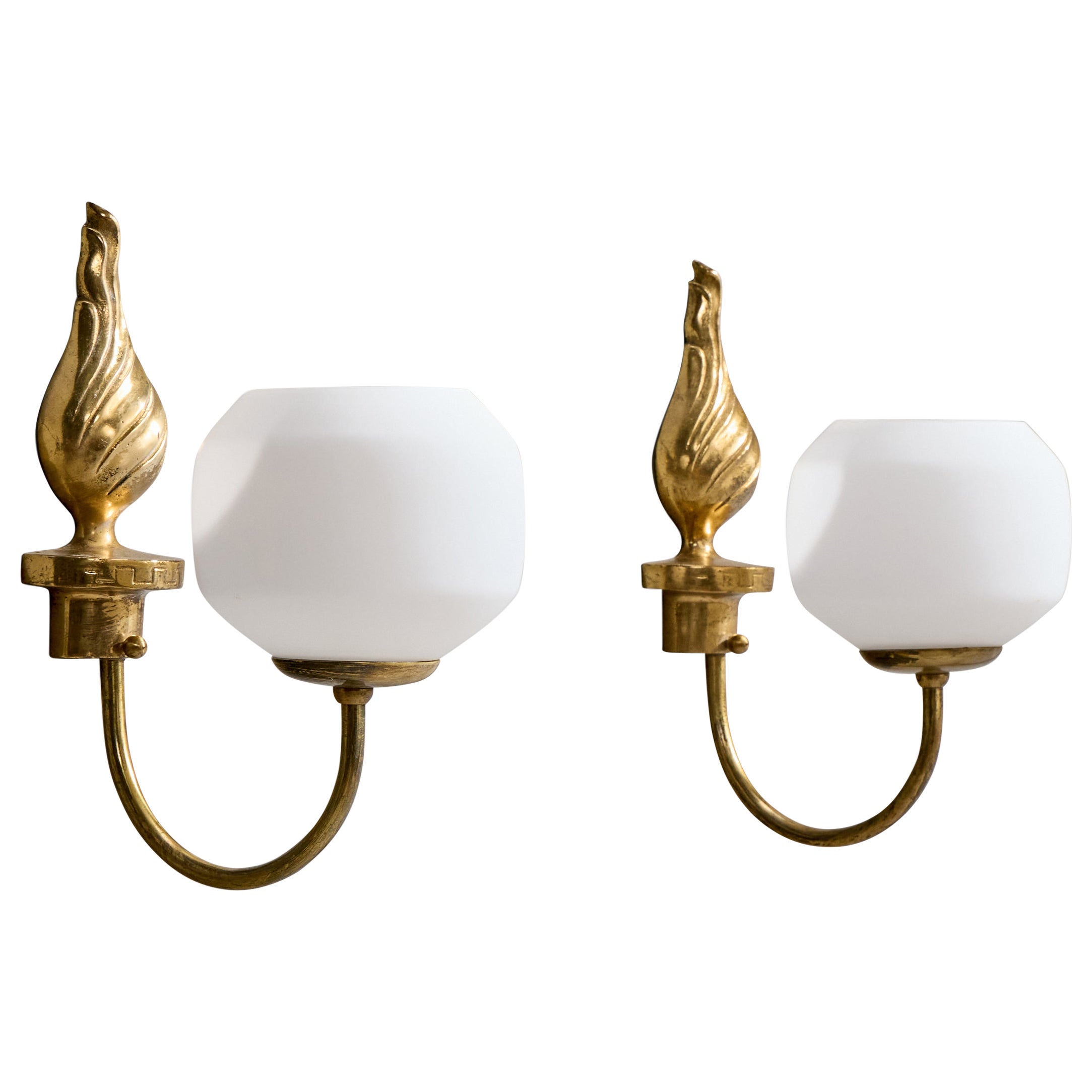 Swedish Designer, Wall Lights, Brass, Glass, Sweden, 1940s