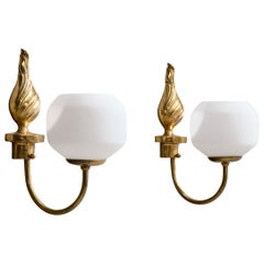 Swedish Designer, Wall Lights, Brass, Glass, Sweden, 1940s