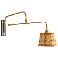 French Designer, Wall Light, Brass, Metal, Rattan, France, 1950s