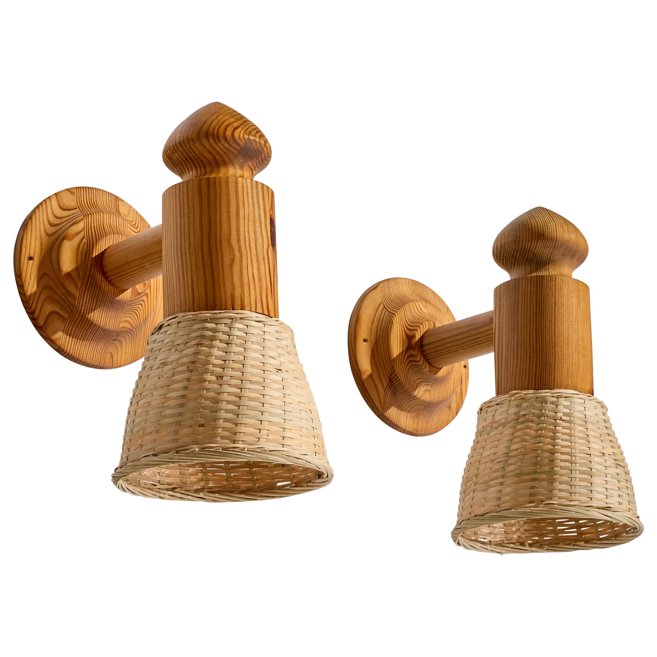 Swedish Designer, Wall Lights, Pine, Rattan, Sweden, 1970s