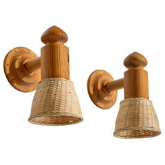 Swedish Designer, Wall Lights, Pine, Rattan, Sweden, 1970s