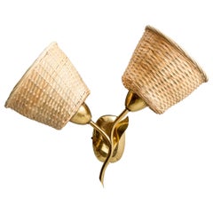 Swedish Designer, Wall Light, Brass, Rattan, Sweden, 1950s