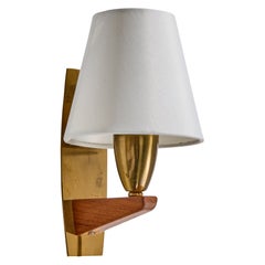 Swedish Designer, Wall Light, Brass, Teak, Sweden, 1950s