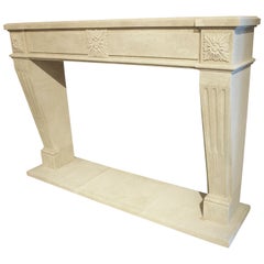 Italian Neoclassical Carved Limestone Fireplace Mantel and Hearth Stones